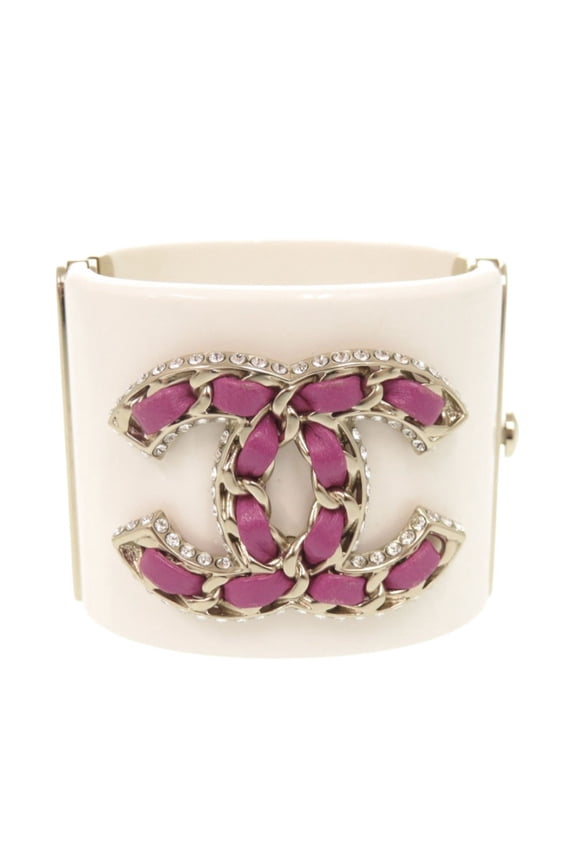 Pre-Owned Chanel Coco Mark plastic metal rhinestone white bangle bracelet...
