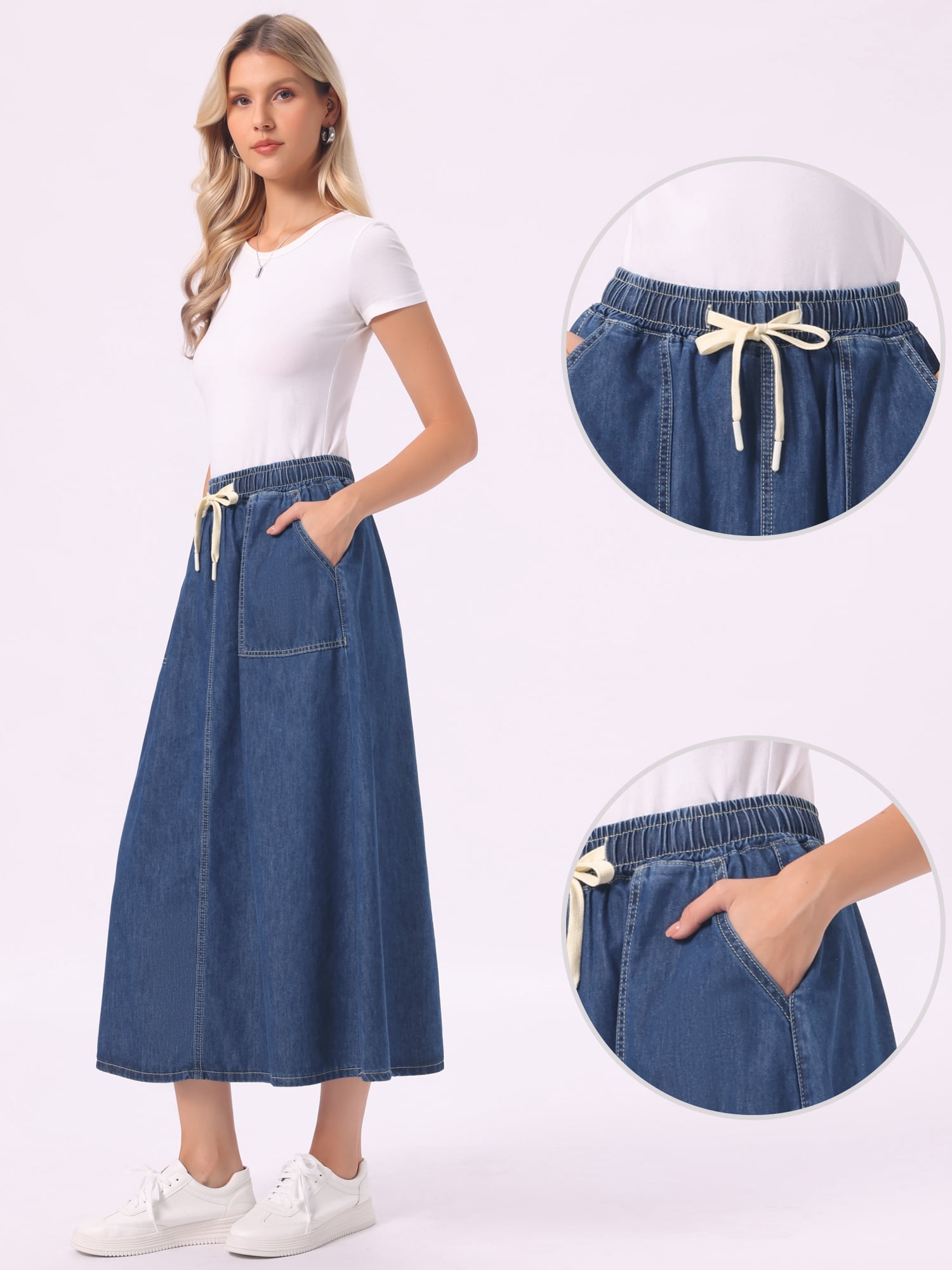 DARING DIVA Women's Comfortable Elastic Waist A Line Long Length Jean Skirts XS Dark Blue