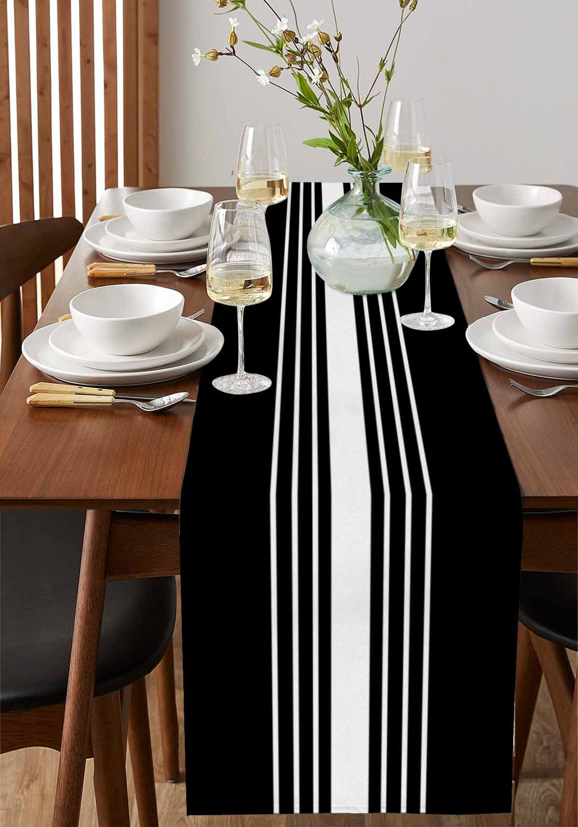 Modern Black White Striped Table Runner-70 Inch Long Abstract Minimalist Art Table Runners Linen Burlap Tablerunner for Kitchen Dining Room Holiday Party