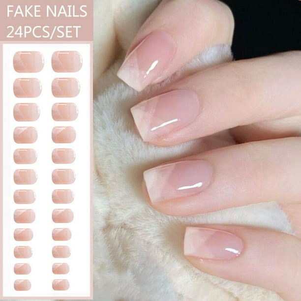 24 Uds. De uñas postizas francesas, puntas cortas para uñas artísticas, palo de presión falso con diseños, cubierta completa, puntas transparentes portátiles rosas artificiales Tan Jianjun unisex