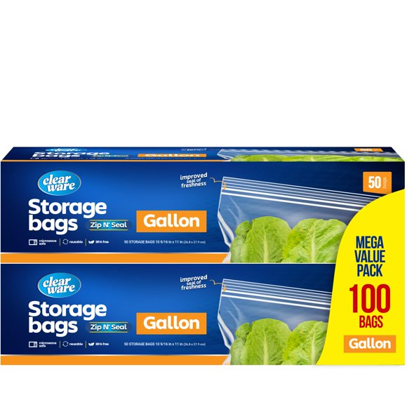 Bolsas de almacenamiento CLEARWARE de un galón con doble cierre, 100 unidades, 2