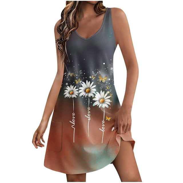 Vestidos de Verano con Cuello en V para Mujeres 2025 Casual con Bolsillos Boho Beach Camisetas Vestido Tanque Suelto