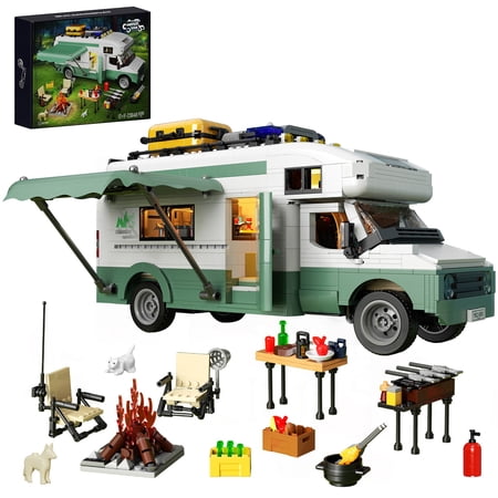 Beach Camper Van City Vehicles Holiday Camper Van Building Kit Retro Rvs Toy Car Gift for Kids 6+ (1586Pcs)