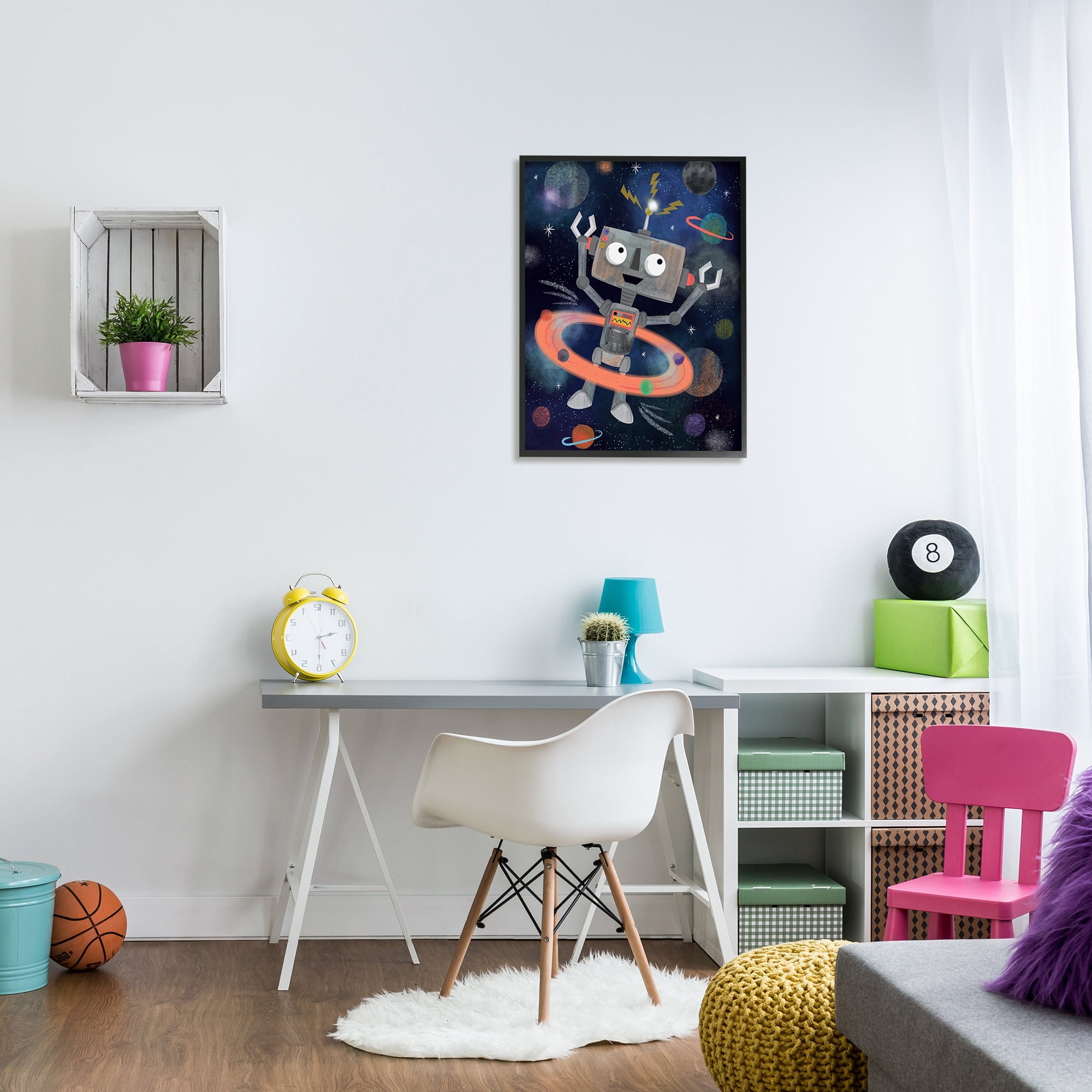 Stupell Industries Quirky Robot Outer Space Universe Surrounding Planets Graphic Art Black Framed Art Print Wall Art, Design by Lisa Whitebutton