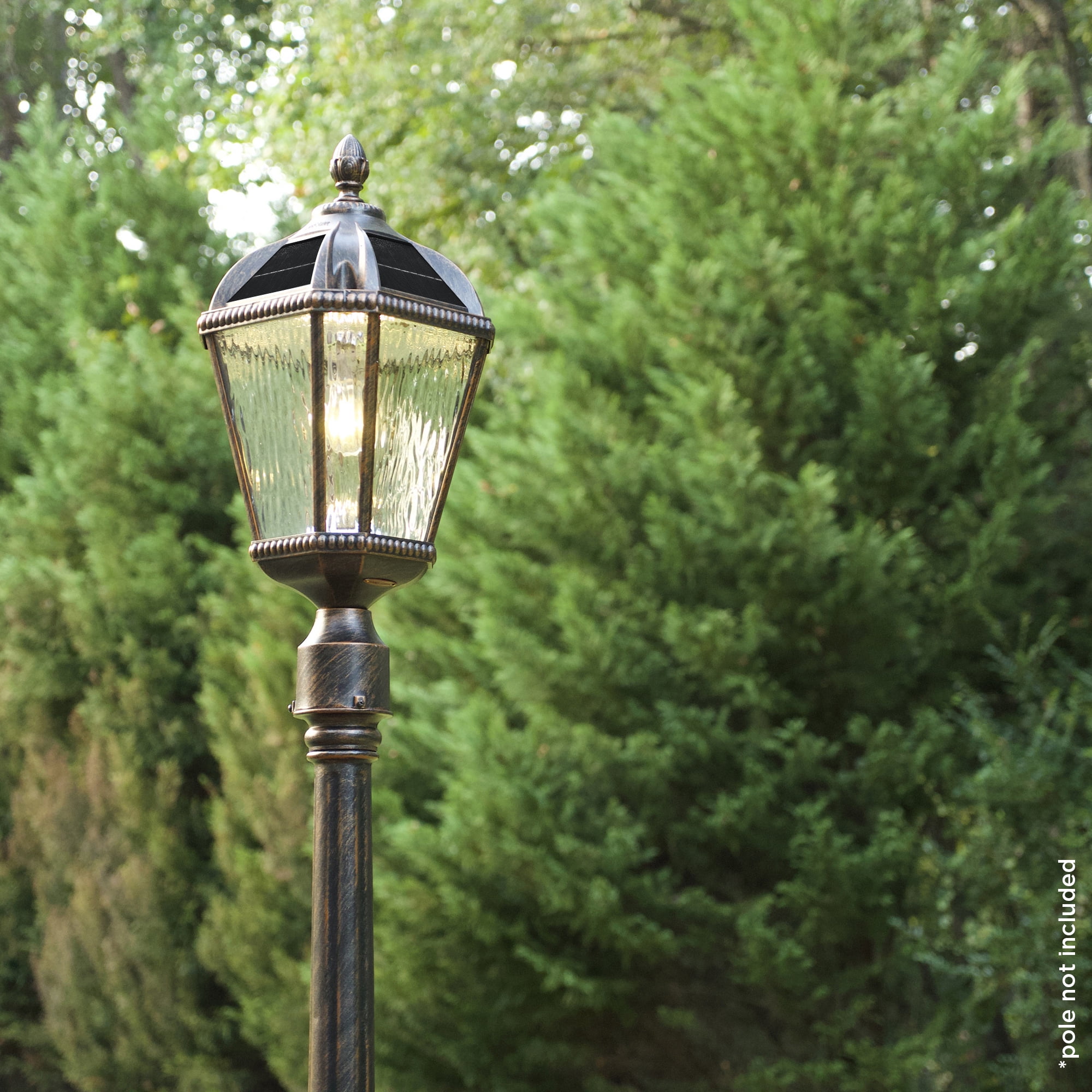 Gama Sonic Outdoor Solar Post Light, Brushed Bronze Finish Aluminum, Royal Bulb, Clear Rainwater Glass, 3-inch Fitter for Lamp Posts or Pier Mount (Sold Separately) 98B112