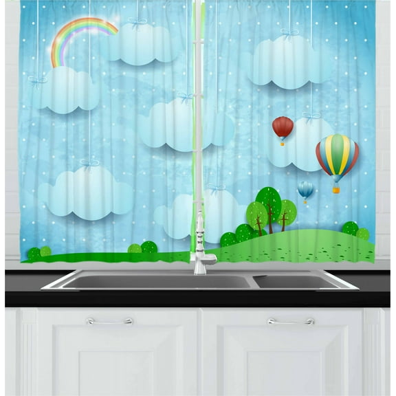Kids Curtains 2 Panels Set, Boys Girls Nursery Theme with Balloons Clouds and Stars on the Hillls Cartoon Design, Window Drapes for Living Room Bedroom, 55W X 39L Inches, Multicolor, by Ambesonne