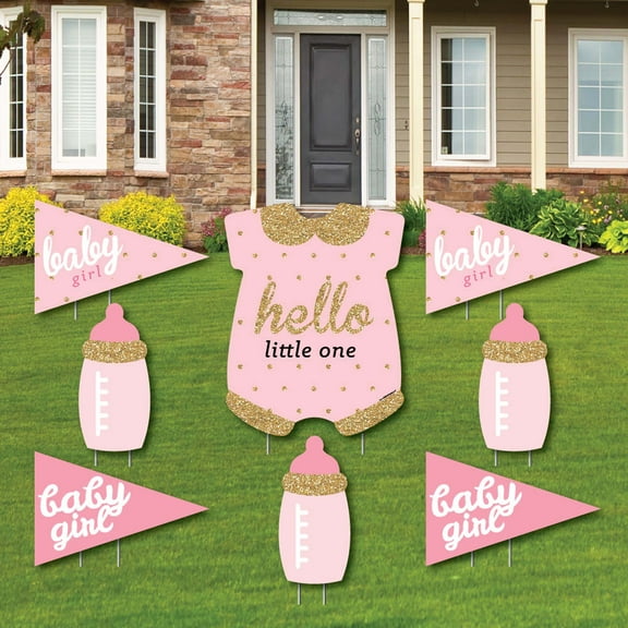 Big Dot of Happiness Hello Little One - Pink and Gold - Yard Sign & Outdoor Lawn Decorations - Girl Baby Shower Yard Signs - Set of 8