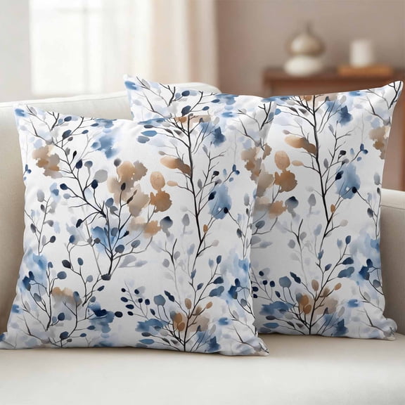 Pack of 2 Outdoor Pillow Covers 20x20 Inch Waterproof Blue Brown Spring Floral Throw Pillow Covers,Decorative Couch Pillow Shams Protectors Summer Botanical Art Patio Pillowcases Cushion Covers