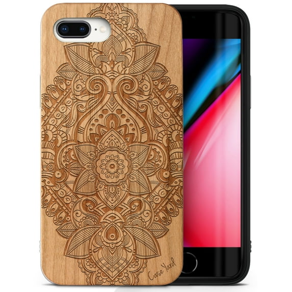 Case Yard Wooden Case Outside Soft TPU Silicone, Slim Fit Shockproof Wood Protective Phone Cover for Girls Boys Men and Women, Supports Wireless Charging Bohemian Flower Design case for iPhone-8-Plus