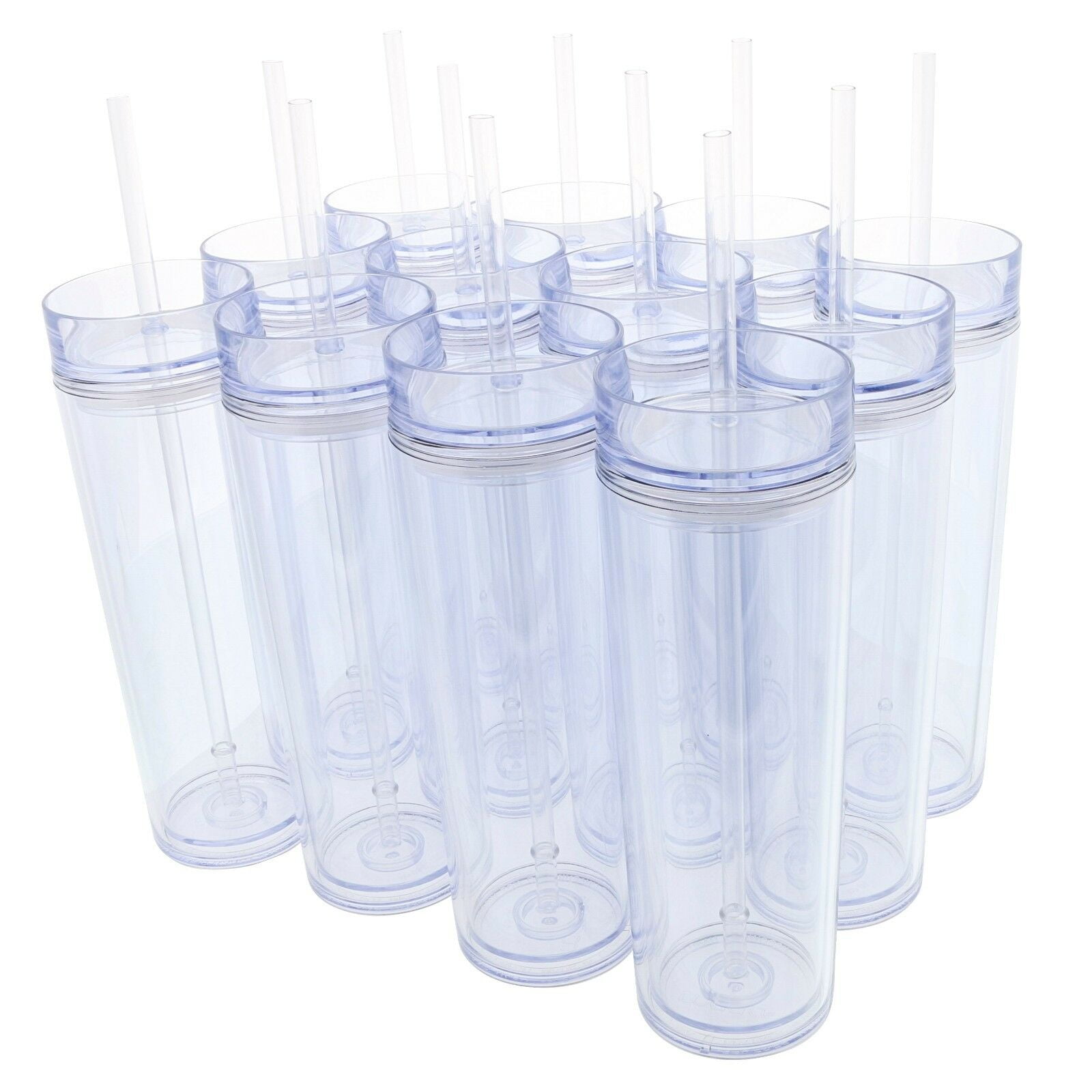 16oz Double Wall Clear 12 Clear Acrylic Tumblers with Lids and StrawsSkinny 