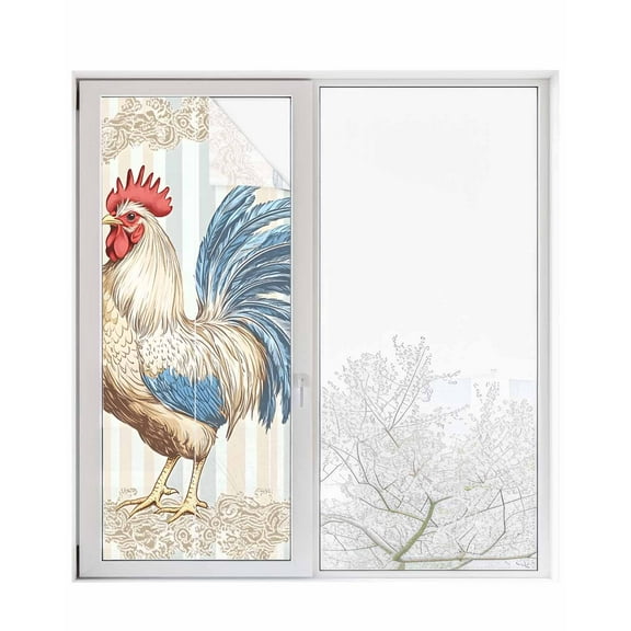 Window Privacy Film Vintage Rooster Stained Glass Window Film Decorative Sun Block Window Cover White Pastoral Animals Watercolor Window Clings Static Adhesive Sticker for Bathroom 23.6"x59"