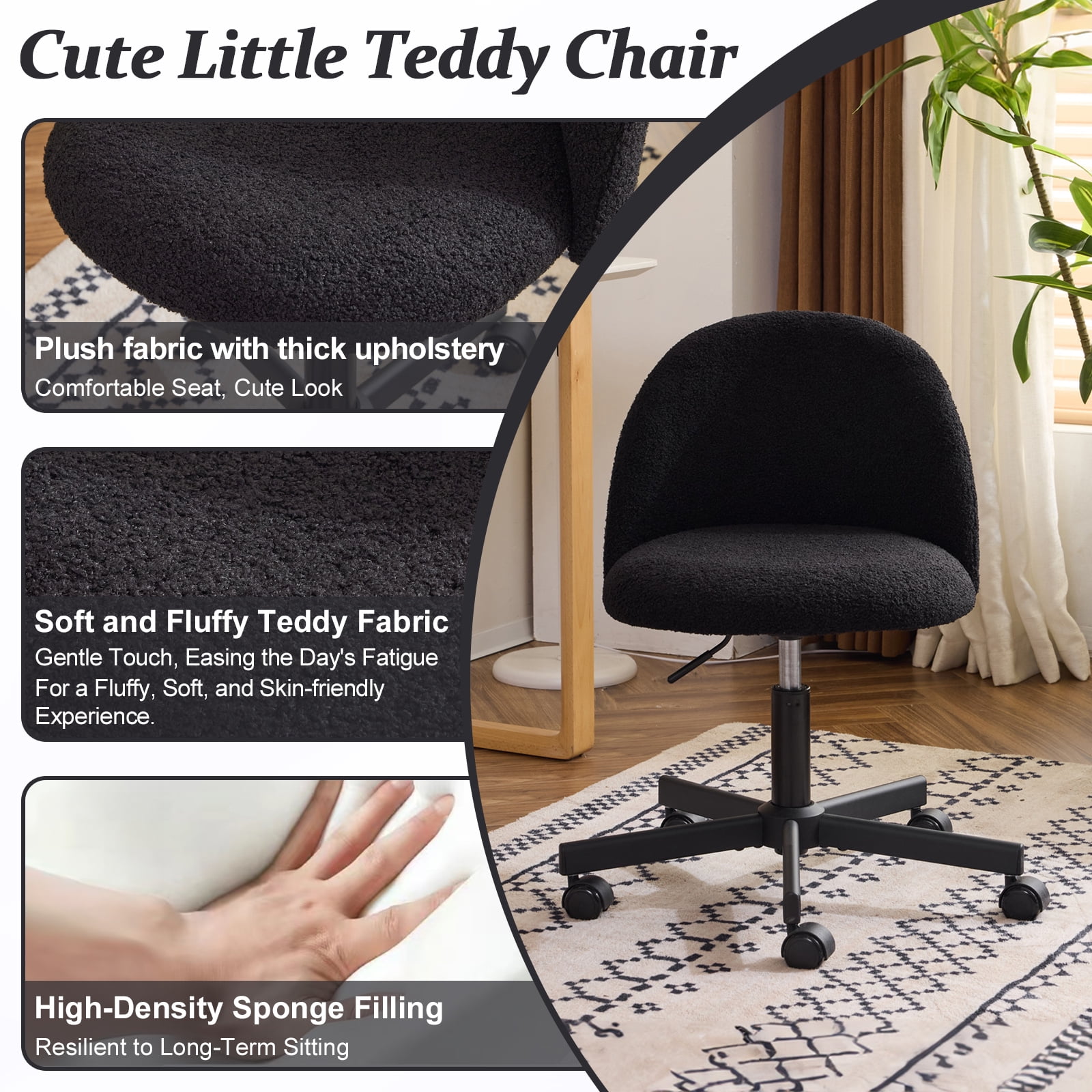 Ktaxon Armless Home Office Desk Chair Cute Mid Back Vanity Stool Teddy Velvet Swivel Task Chairs with Wheels Black