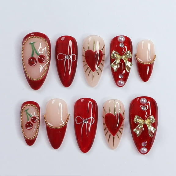 24PCS Christmas Press on Nails, Alt-Culture Style with Cherry, Heart & Gold Bowknot, Detachable Reusable Acrylic Fake Nails, Edgy Festive Manicure Kit for Women Girls, Holiday Party & Daily Statement