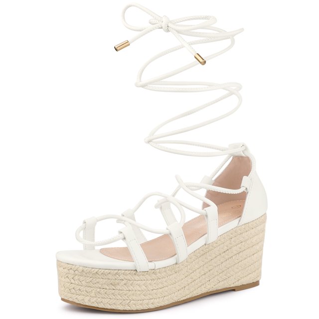 Sandalias de tiras con tacón de cuña y plataforma con cordones para muj Blanco 37