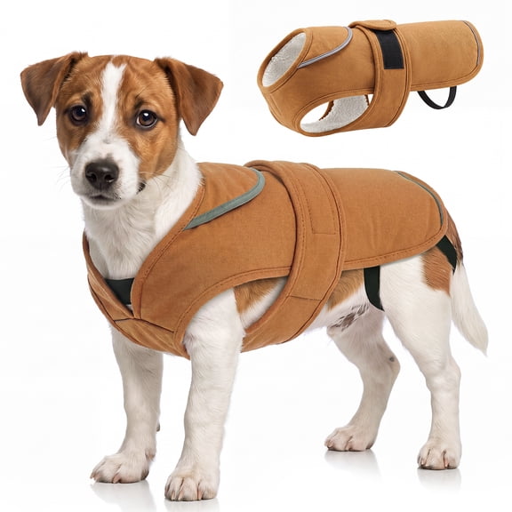 IDOMIK Warm Dog Coat, Canvas Dog Jacket, Reflective Fleece Pet Cold Weather Vest with Zipper Leash Hole, Brown, M