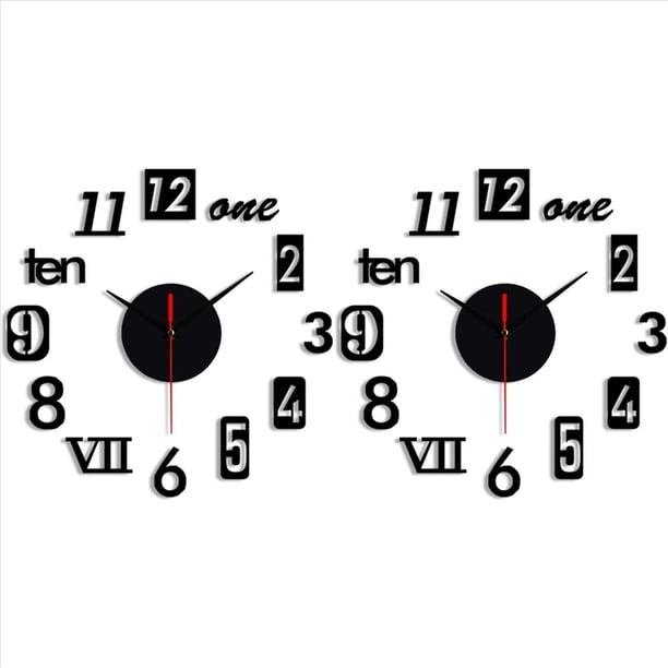 2X Reloj de Pared DIY - Decoración del Reloj de Pared con Espejo 3D, Reloj con NúMeros Romanos - Reloj Adhesivo de Pared Decoración de la Habitación del Hogar Negro