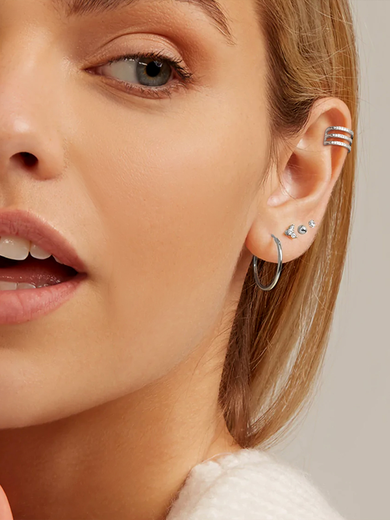 Suplight 925 Sterling Silver White Gold Plated Ear Cuffs Earrings for Women, Three Layer Zircon Earrings Clip On Cartilage Earrings