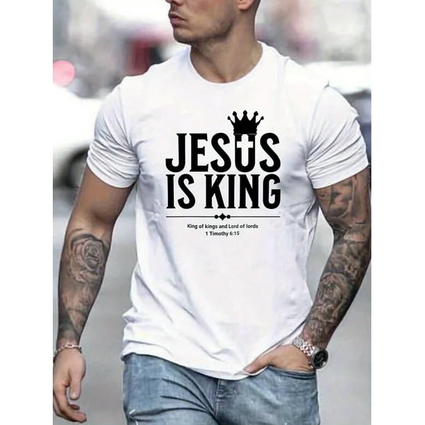 Men's Summer Fashion Jesus Is King Printed Short Sleeve T-Shirt, Casual Crew Neck, Regular Fit, Non-Transparent