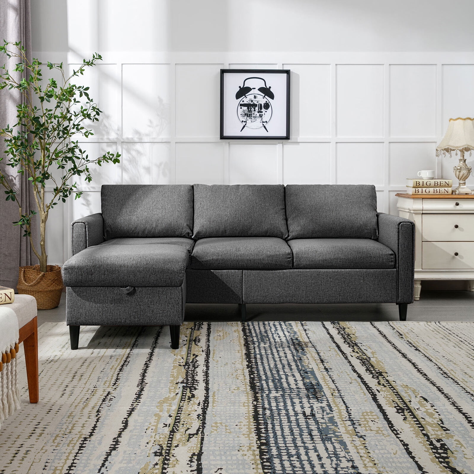 CECER Convertible Sectional Sofa Couch Set 3 Seat L Shaped Sofa Couch with Flexible Storage Ottoman Chaise- Dark Grey