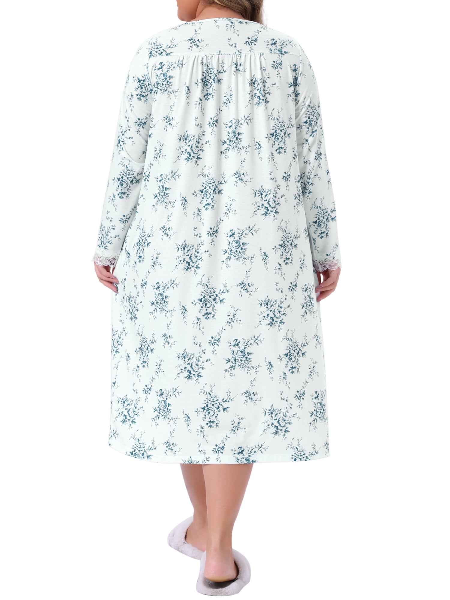 DARING DIVA Women's Plus Women's V Neck Lace Trim Long Sleeve Sleepwear 1X Blue