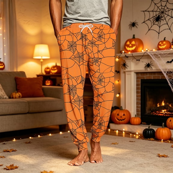 Halloween Pajama Pants Men Fun Pumpkin Ghost Print Design Comfy Sleepwear Mens Soft Long Sleep Lounge Halloween Sleep Pants