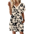 thumbnail image 2 of Women's Fashion Floral Print V-Neck Short Sleeve Dress with Pocket, Casual Pullover Summer Dress, Comfortable Loose Fit, Stylish Daily Wear,Khaki,3XL, 2 of 8