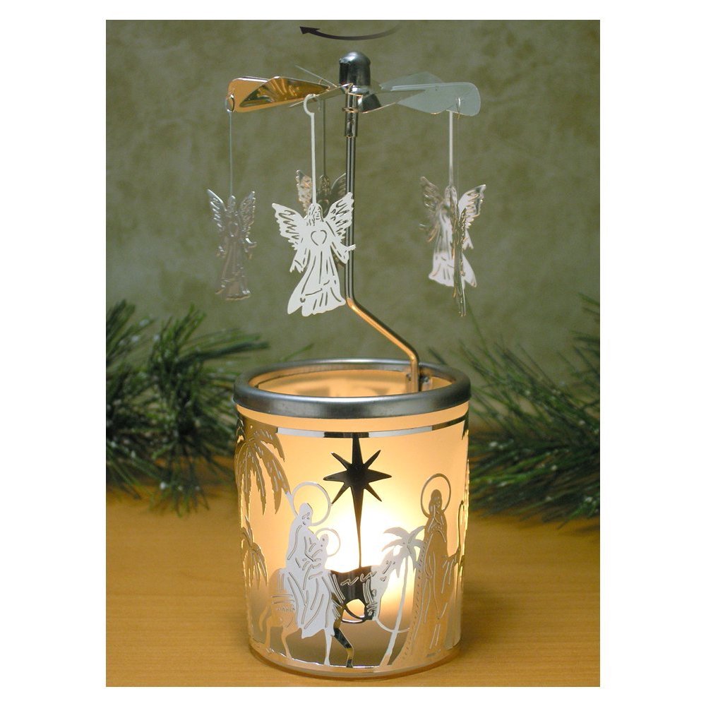 Spinning Angels Candle Holder with Holy Family Scene Scandinavian Style