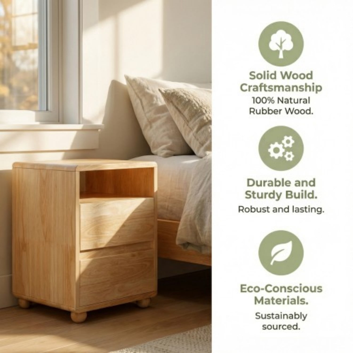 20" Modern Nightstand with Charging Station, 2 Drawers and Open Shelves, Solid Wood Bedside Table with Curved Design, Mid Century Side Table for Bedroom, Living Room, Natural