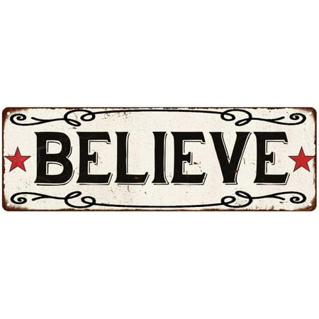 Old Style Metal - BELIEVE Country Style w/Red Stars Vintage Look Metal Sign 6x18 Old Advertising Man Cave Game Room M6180794