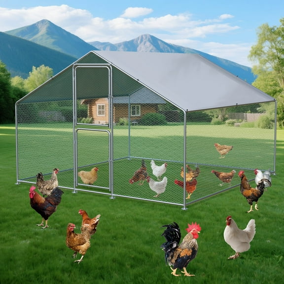 Large Chicken Coop, Chicken Run Metal with Waterproof Cover and Anti-Ultraviolet Cover, Walk in Chicken Coop for Yard Outdoor, Large Chicken Run for Rabbits Duck, 6.6x9.8x6.6FT