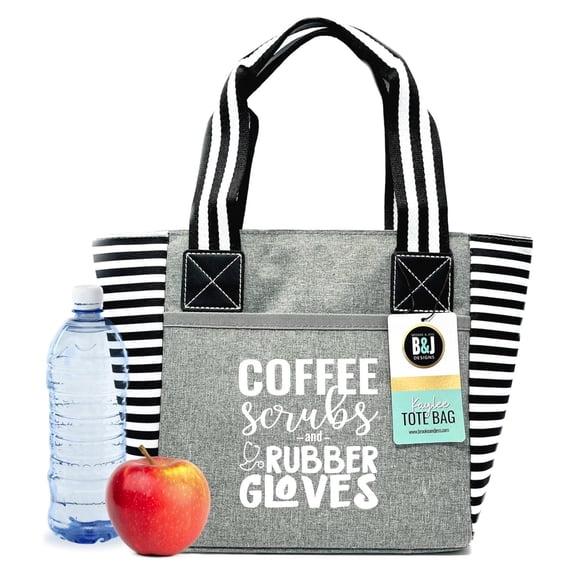 KriKac Cute Lunch Bags for Women - Insulated Lunch Tote for Work - Great gift idea for Nurse, Teacher, Grandma, Mom, Aunt (Coffee Scrubs Gray)