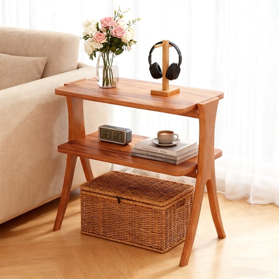KIOOTTO 25" Narrow Walnut Side Table, 2-Tier Farmhouse End Table with Storage