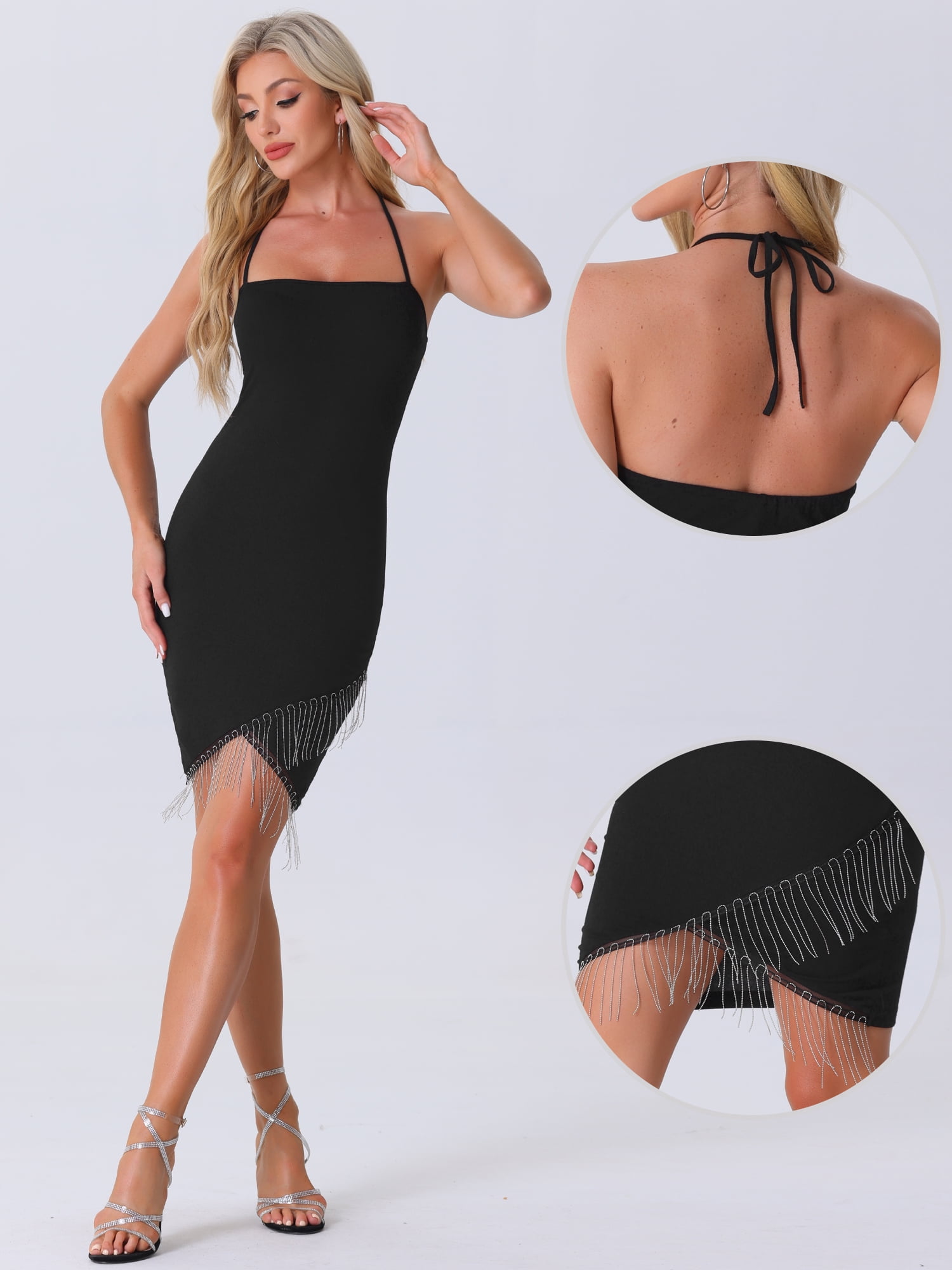 DARING DIVA Halter Fringe Trim Bodycon Mini Dress M Black