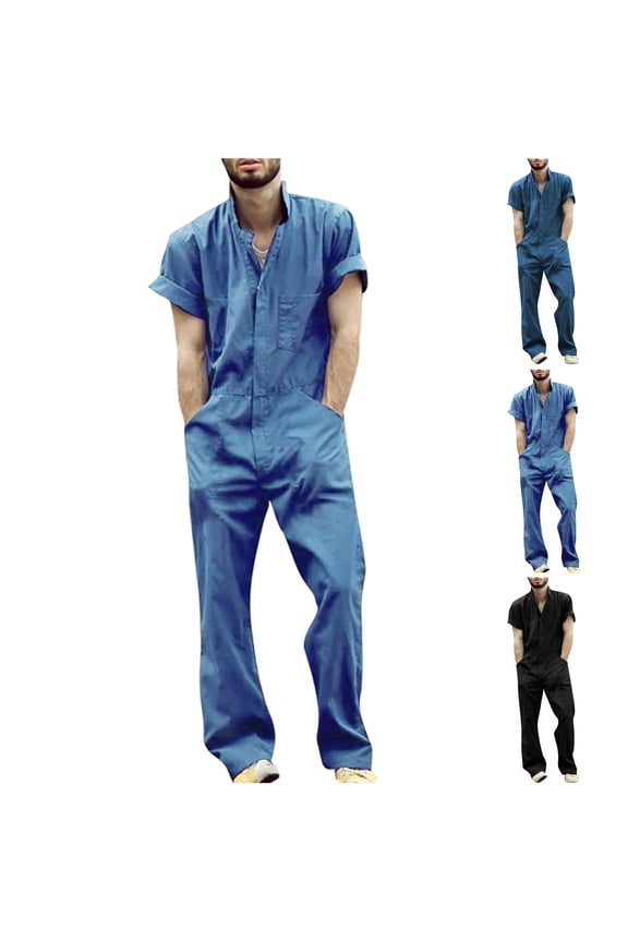 Mens Overalls Short Sleeve Zip Front One Piece Work Wear Coveralls Flight Suit Lightweight Rompers Jumpsuit with Pockets Blue XL Saving Sales