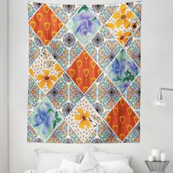 Floral Tapestry, Patchwork with Heart and Swirling Flower Pattern with Folkloric Feminine Details, Fabric Wall Hanging Decor for Bedroom Living Room Dorm, 5 Sizes, Multicolor, by Ambesonne