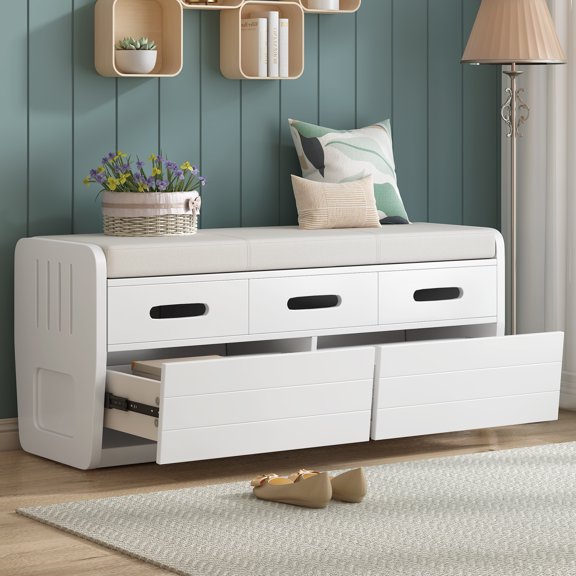 Smuxee Modern Bench with Storage Drawer,Bedroom Storage Cabinet Seating,White