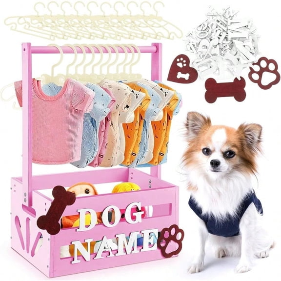 20 x 13 x 9 Wooden Dog Closet Pet Wardrobe Crate Box with Hanging Rods and Personalized Alphabet Letters Easy Assembly Baskets for Dog Cat Toys Clothes Accories Pink