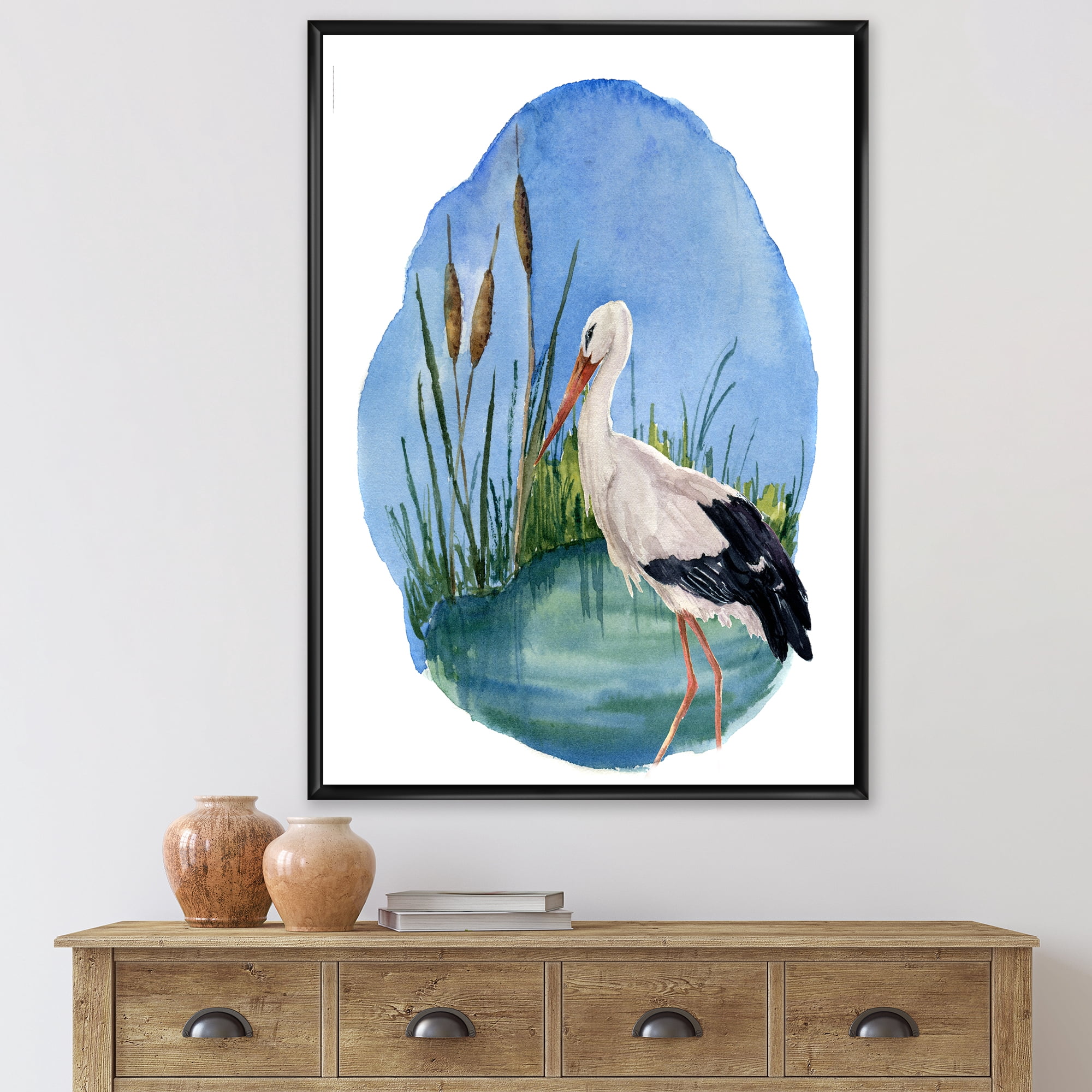 Designart 'White Stork On The Swamp Blue' Traditional Framed Canvas Wall Art Print
