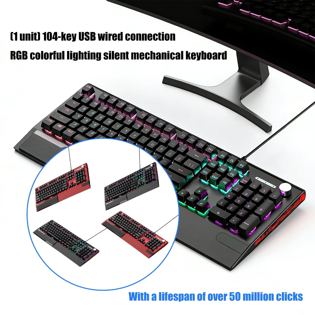 Hot Swappable Switches 104Key Full Size Mechanical Keyboards USB Cord RGBs Customizable Lighting Integrated Palms Rest