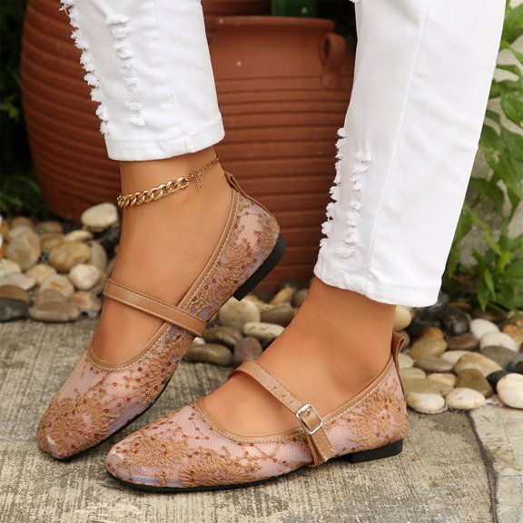 CHWshoes Women's Floral Lace Ballet Flats Mesh Sheer Square Toe Elegant Flat Shoes Brown Size 41
