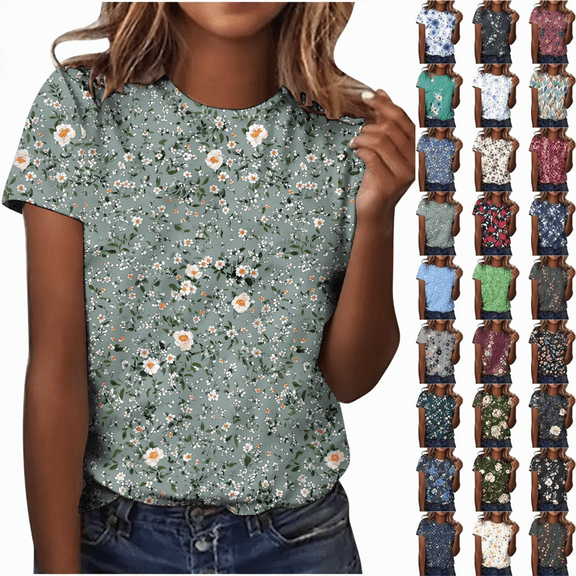 Jsaierl Womens Summer Short Sleeve Shirts Floral Printed Plus Size Round Neck Tee Blouses Casual Loose Comfy Dressy Tunic Tops