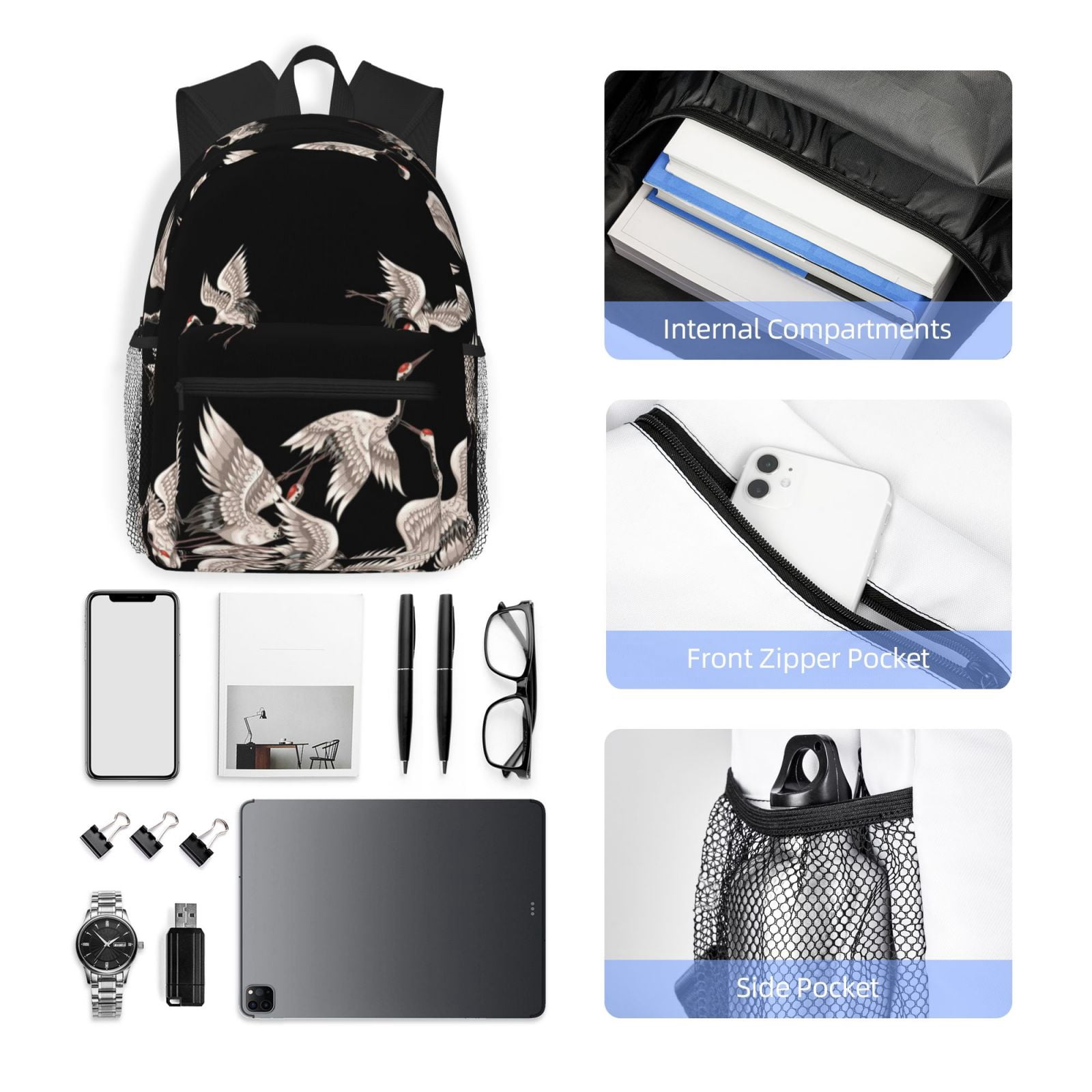 Defioc Japanese White Crane Pattern Laptop Backpack for Men and Women,Casual Backpack Dayback Sports Bookbag for Travel Running Hiking