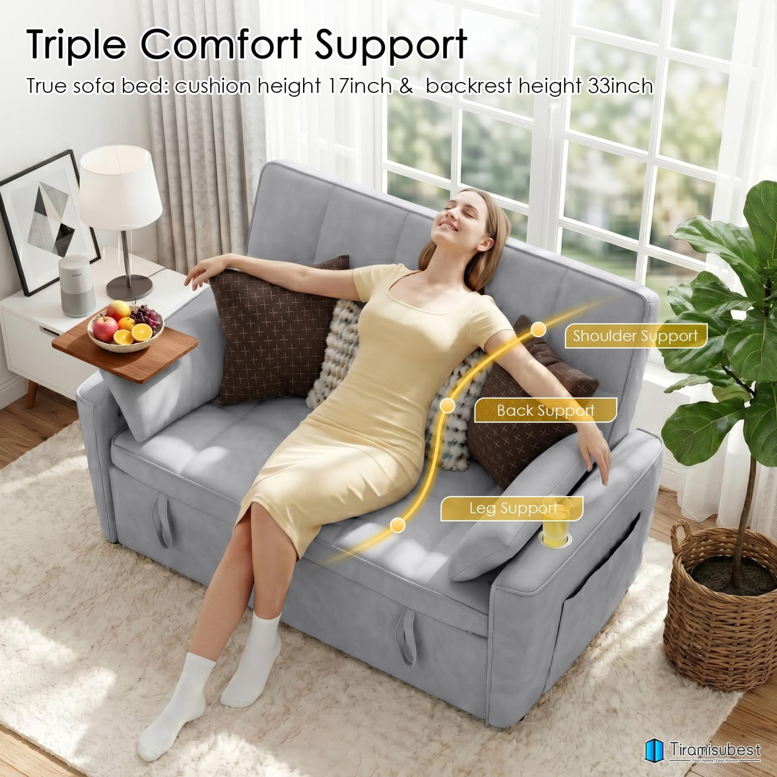 54" Sleeper Sofa Bed, Convertible Pull Out Couch Futon with Side Table, USB Ports, Cup Holder, Adjustable Backrest, Velvet Sofa Bed for Living Room Apartment, Light Gray