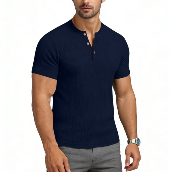 BXINGOHAI Men's Fashion Casual Short Sleeve Henley T-Shirts Shirts Navy,XL