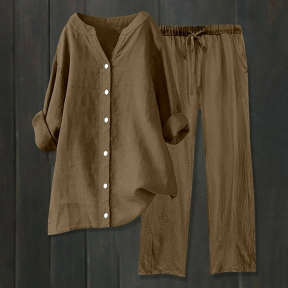 Women's Casual Wide Leg Trousers Suit Set with V Neck Blouse and Elastic Waist Pants Fashion Streetwear Outfit Comfortable Wear