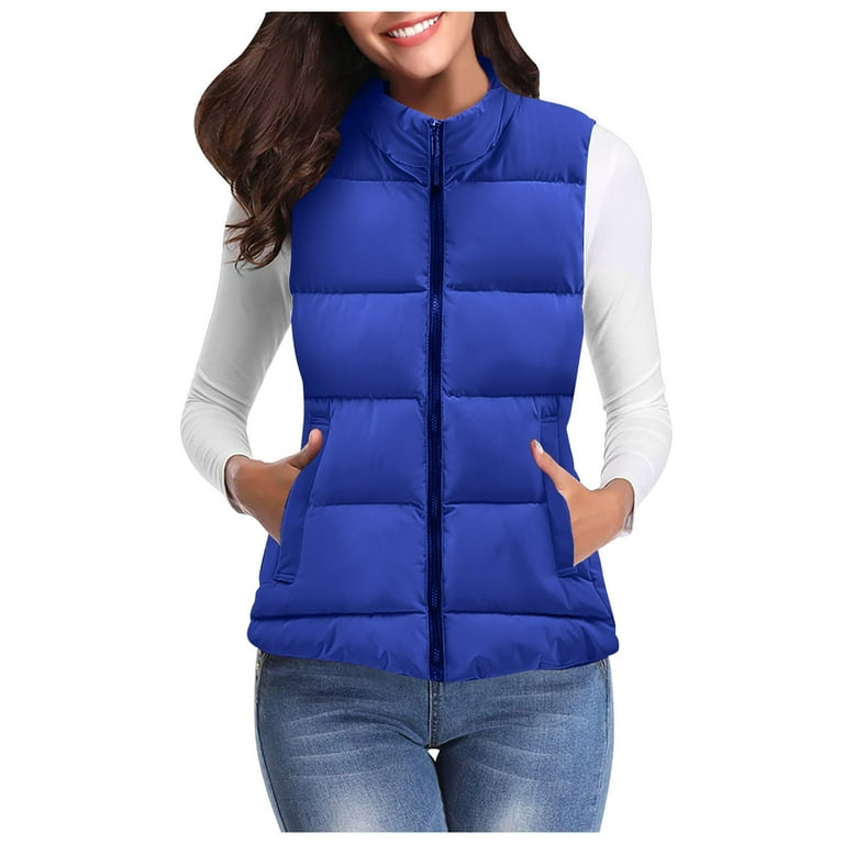 Caicj98 Puffer Vest Women Women's Crop Padded Vest Stand Collar Lightweight Sleeveless Puffer Zip Up Gilet Outerwear Black,3XL, Adult Unisex, Blue