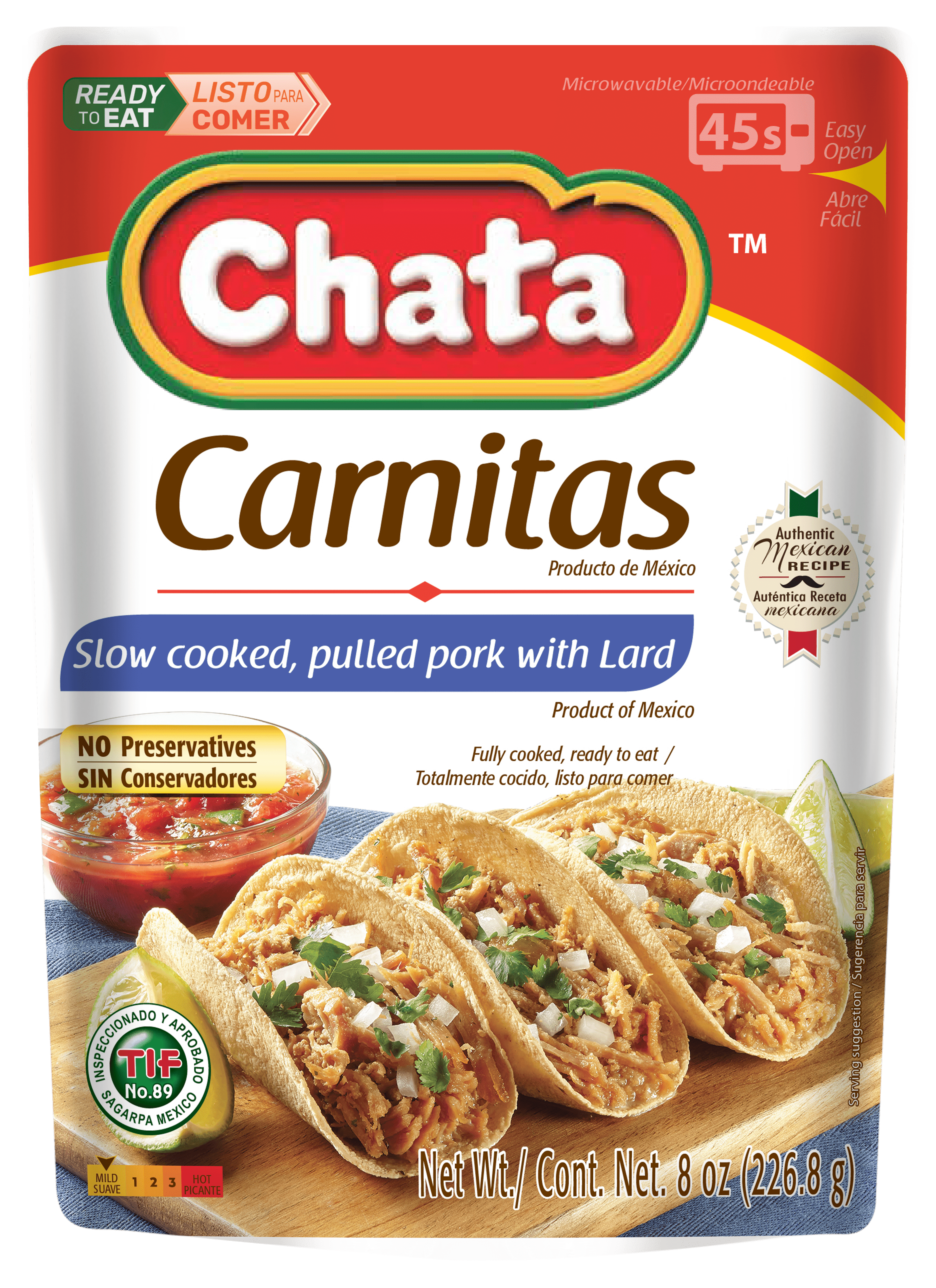 Chata Chopped Pork Carnitas Pouch, 12 Pack, 8 oz