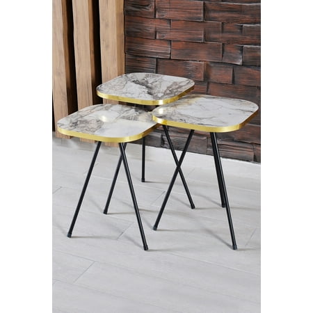 White Marble Nesting Coffee Tables 3 PCS,Round Side Table With Gold Metal Legs,Set of 3 Small Accent Table with Gold Side Details, Nightstand Modern End Table for Living Room Bedroom