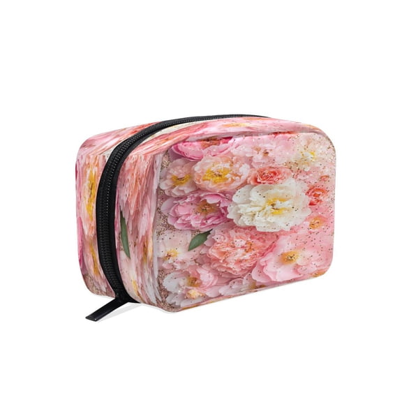 BZSMCE Makeup and Cosmetic Bag Women Simple Pink and White Flowers Glitter Pattern Square Cosmetic Bag