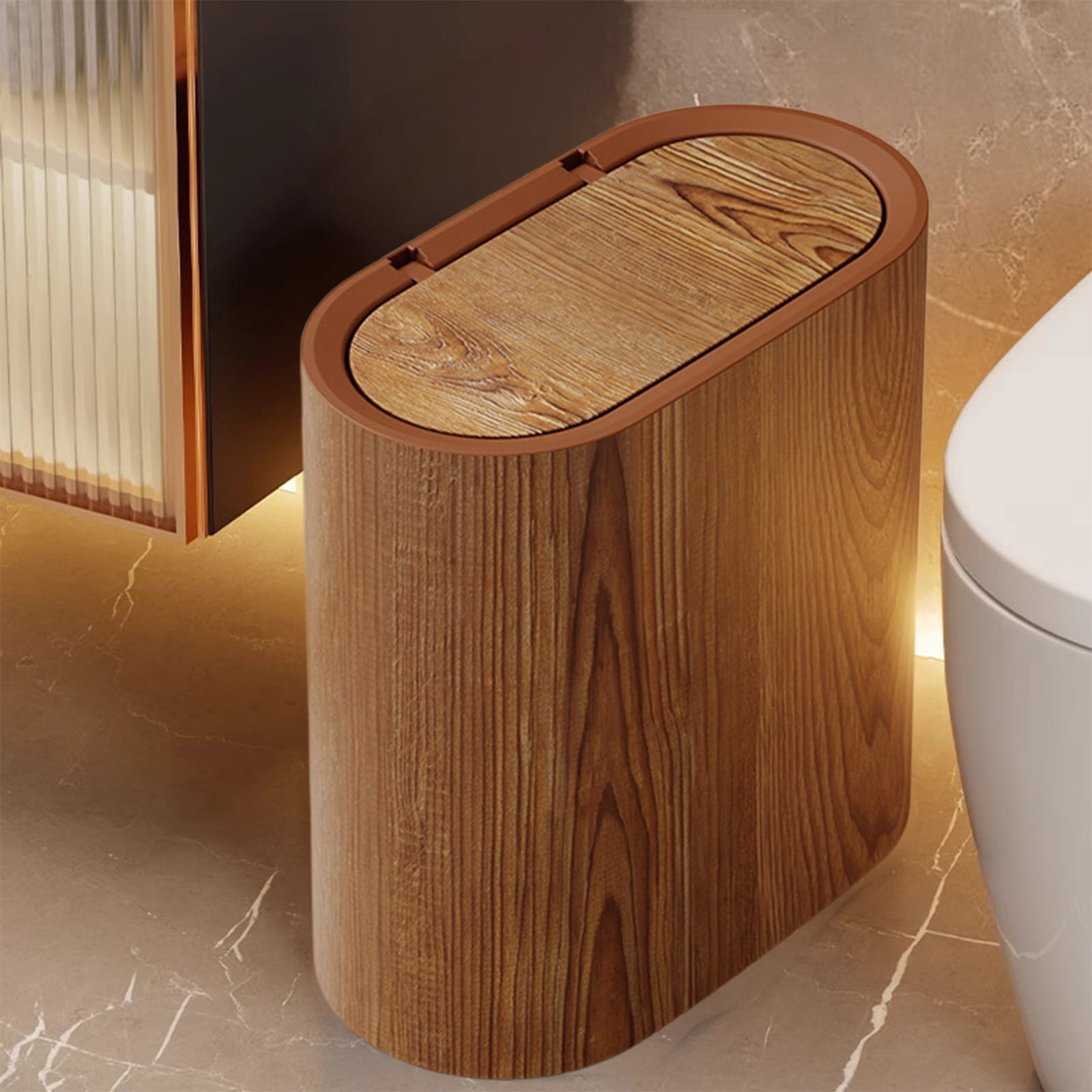 Plastic Wood Pattern Trash Can Small Garbage Bin with Lid for Bathroom Narrow Wastebasket Modern Wastebasket for Home Indoor Hotel, 6x11x11in